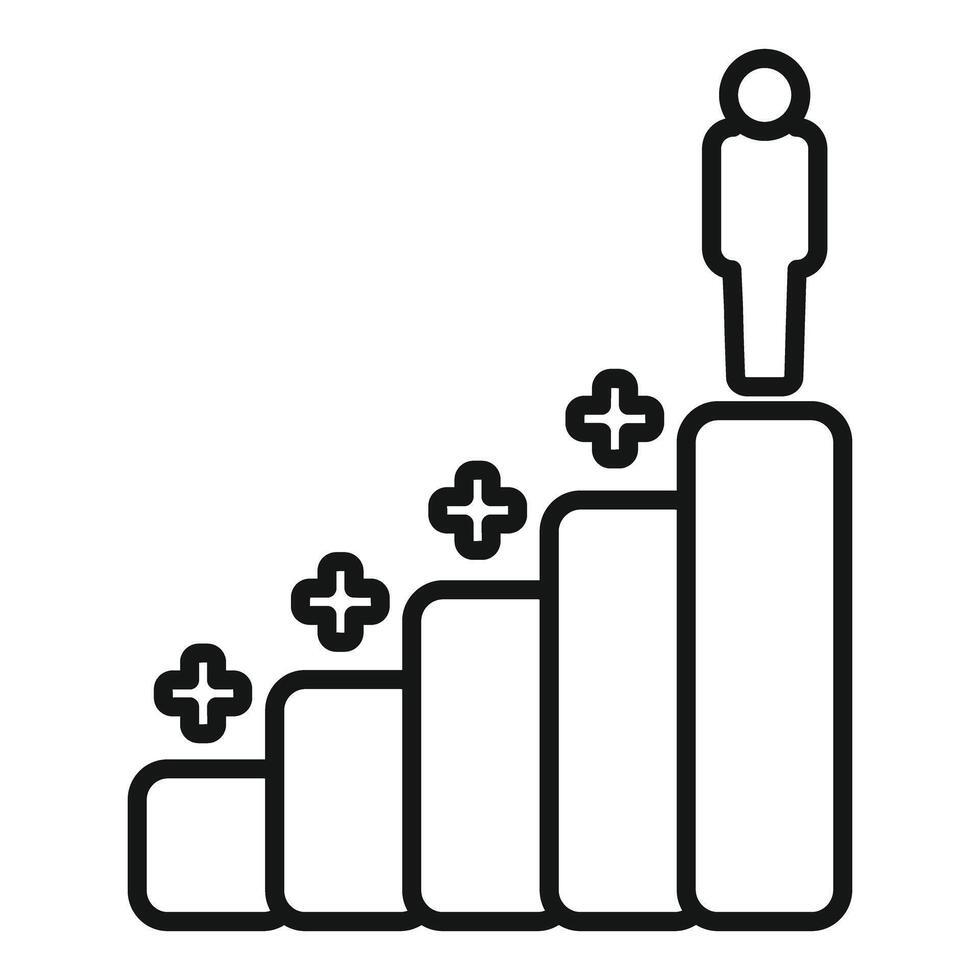Businessman standing on top of growing bar chart with plus symbols vector