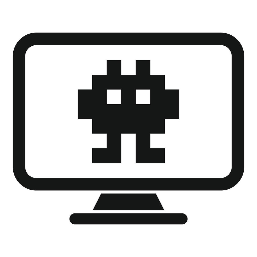 Pixel art alien invader displaying on computer monitor vector
