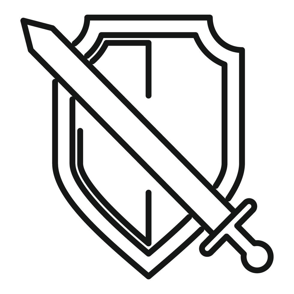 Outline of sword crossing behind protection shield icon vector
