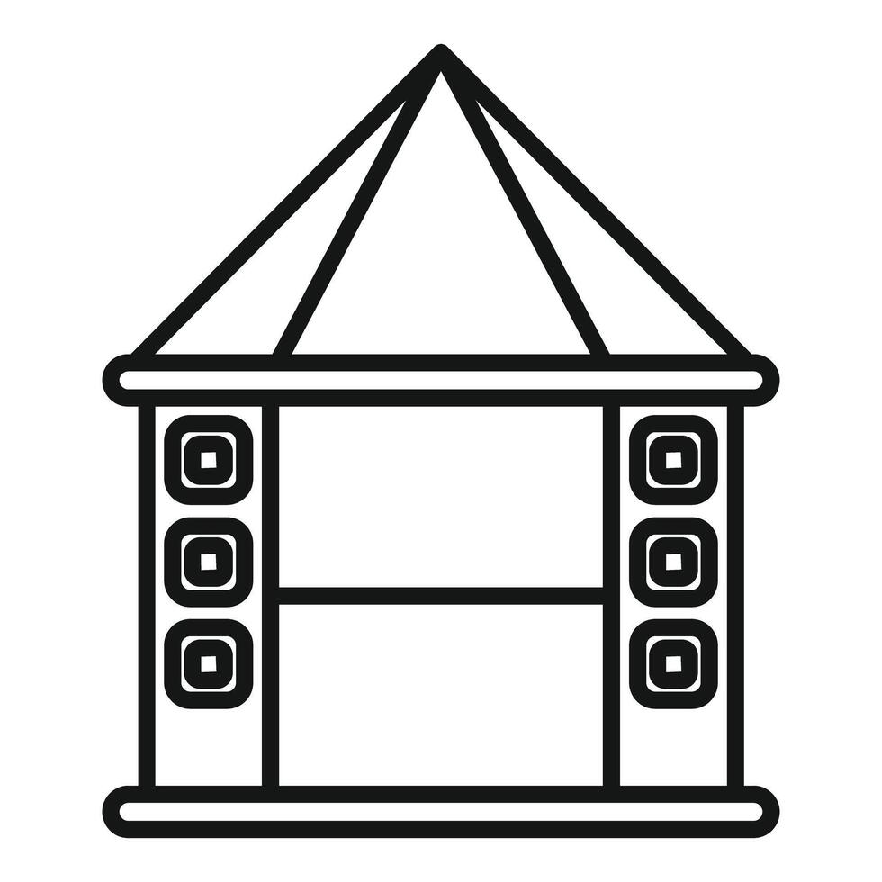 Wooden gazebo with pointed roof standing on green lawn in summer city park line art drawing vector