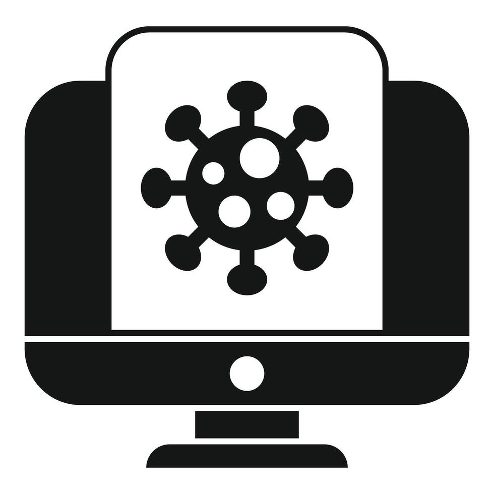 Simple black and white icon of a computer displaying a virus vector