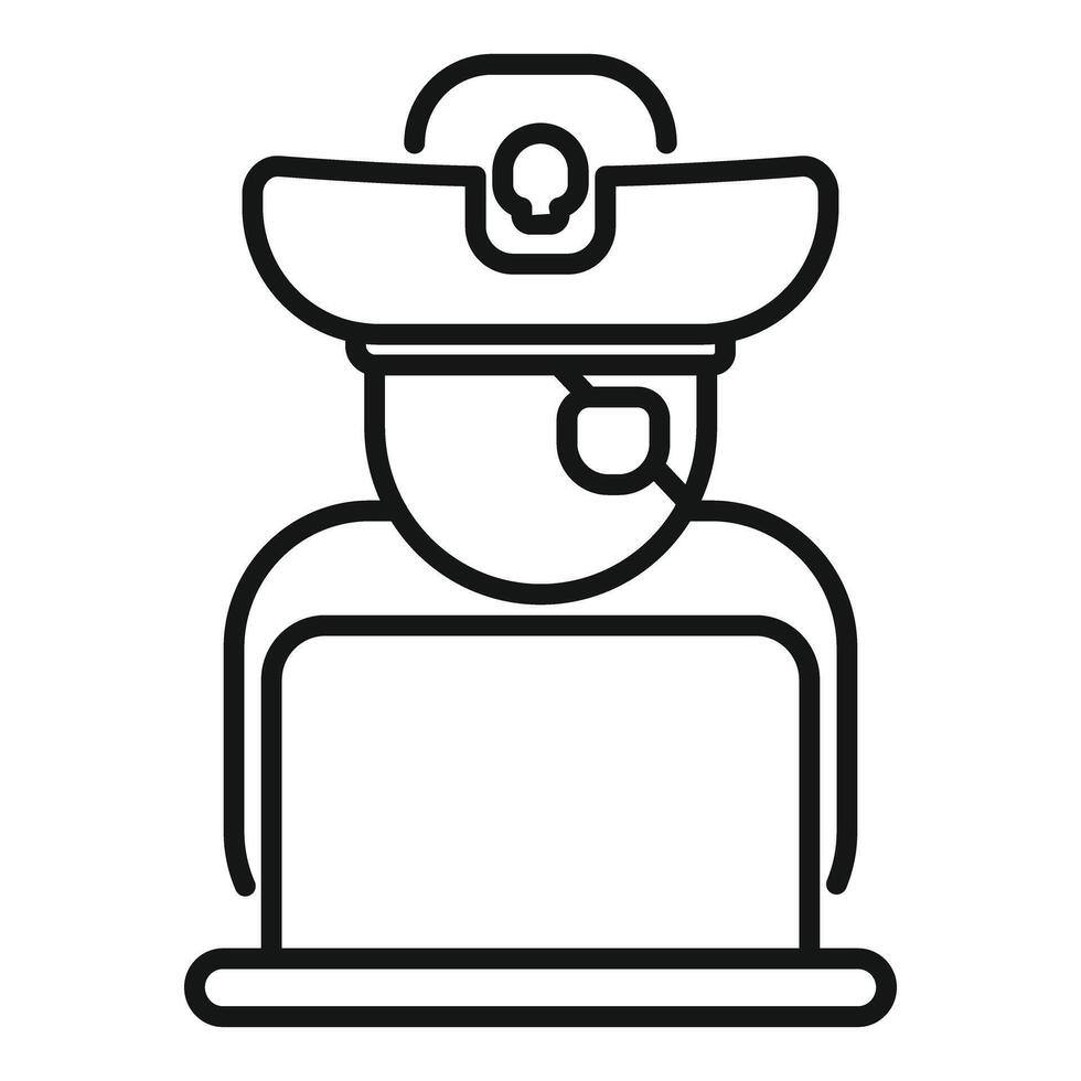 Hacker wearing pirate hat and eye patch working on laptop for cyber crime vector