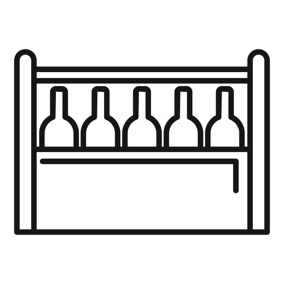 Wine rack storing five bottles of alcohol, winery equipment line icon vector