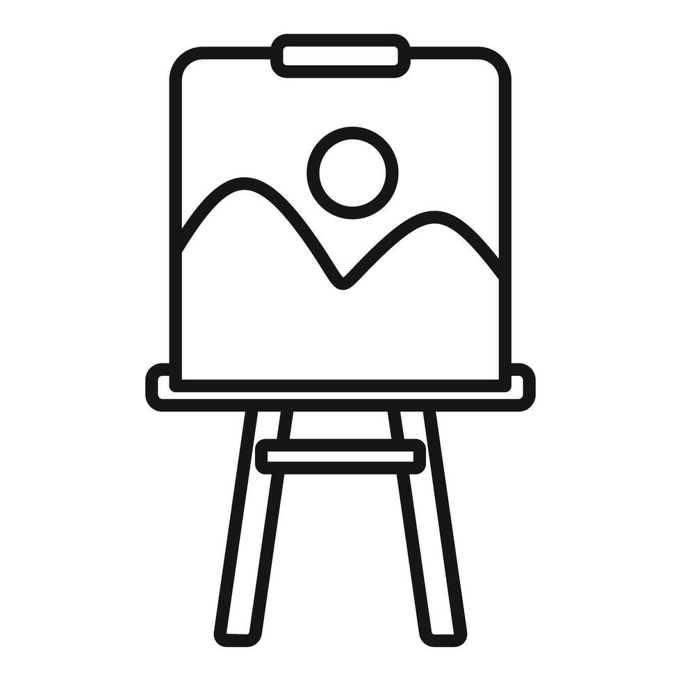 Wooden easel holding canvas showing simple landscape painting icon vector