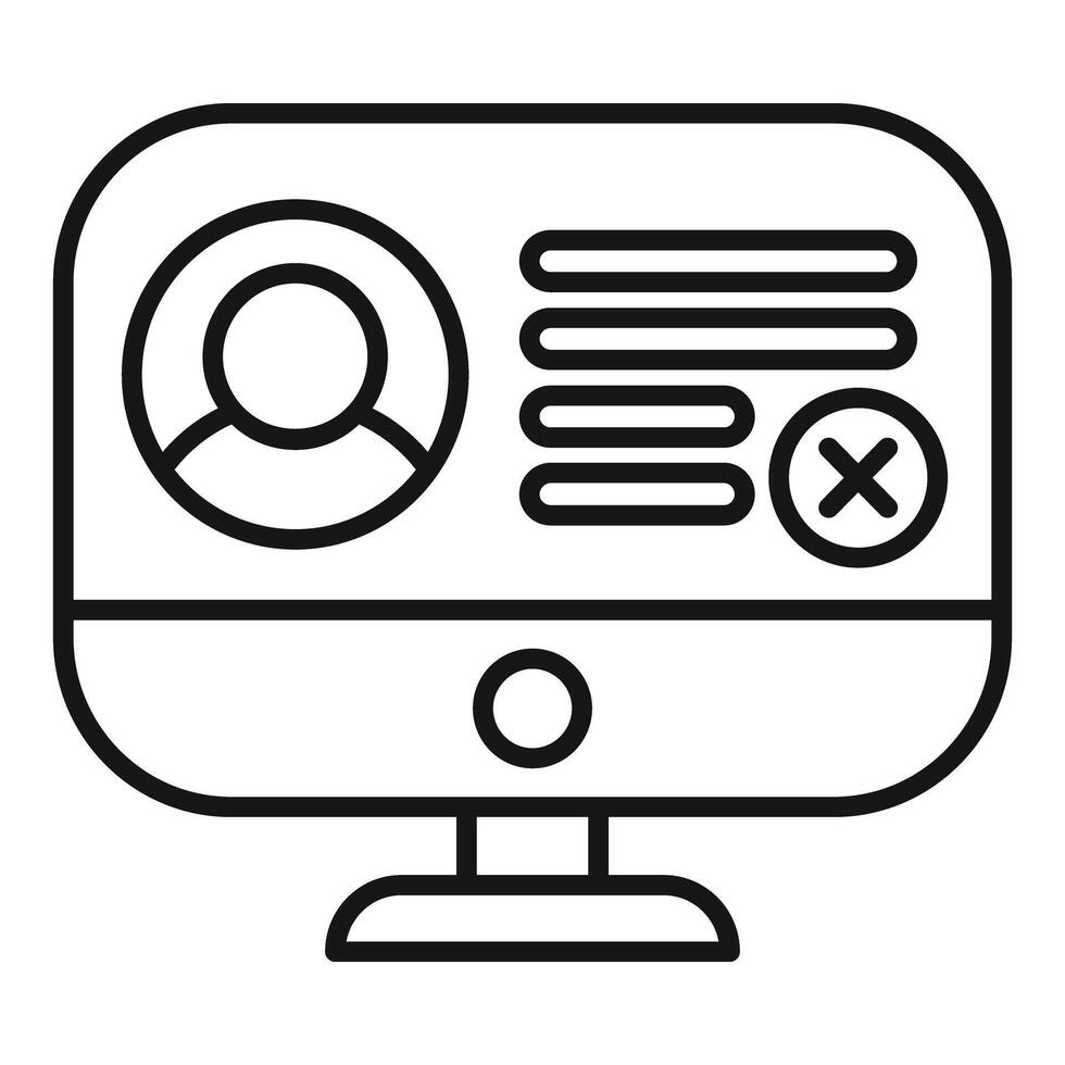 Computer showing user profile with cross mark for account deletion vector