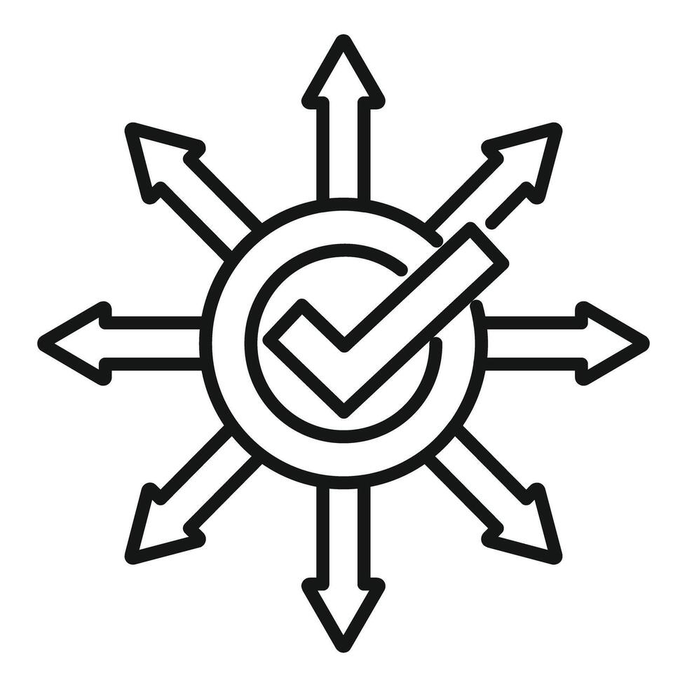 Checkmark expanding in all directions with arrows representing growth and success vector