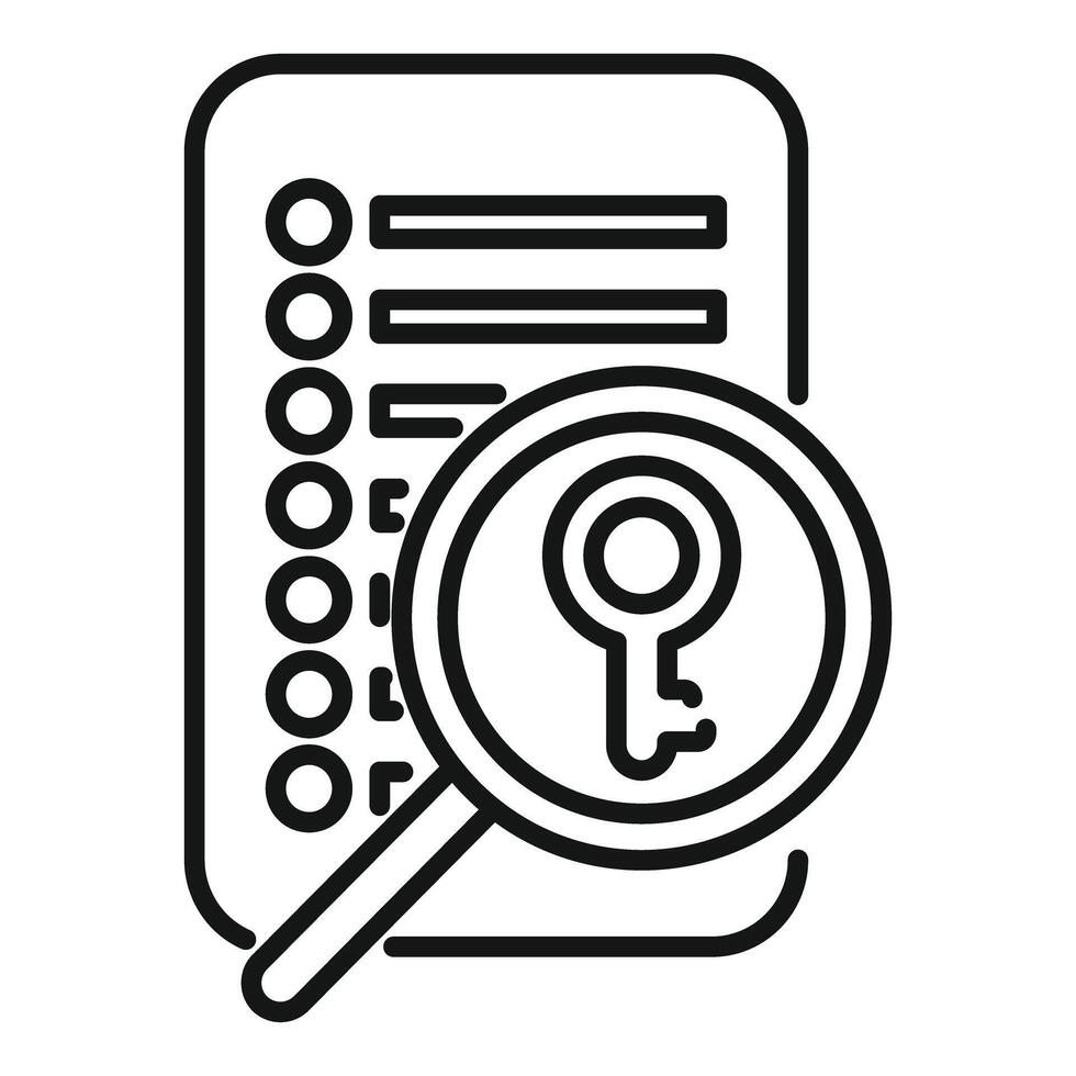 Magnifying glass analyzing document with key representing data security and encryption vector