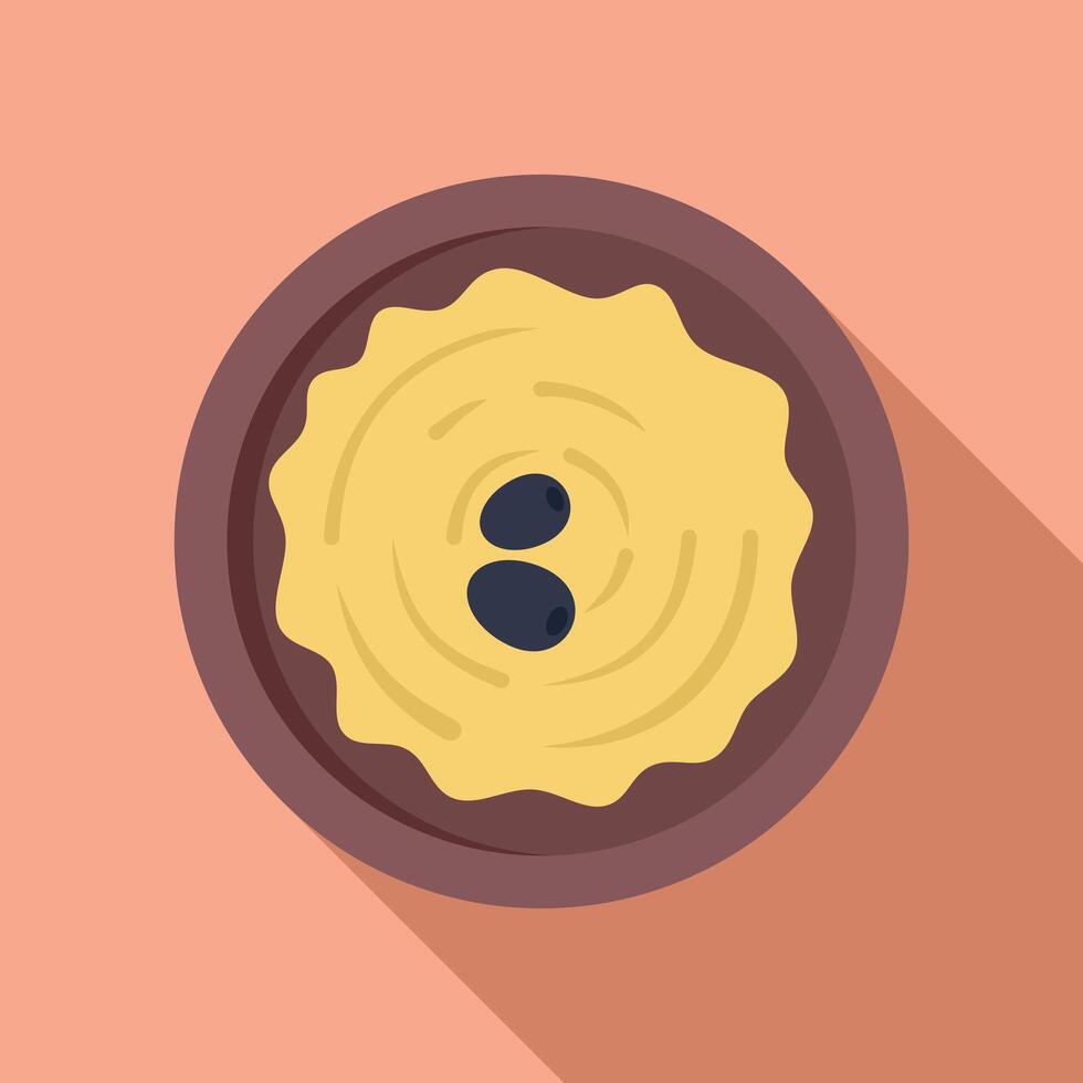 Bowl of hummus decorated with olives on a table vector