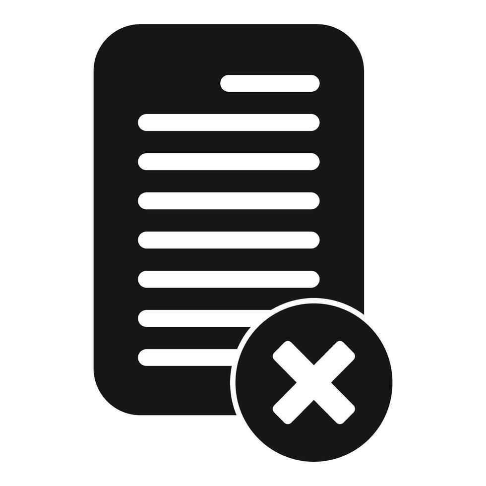 Black glyph document icon depicting deletion with cross sign vector