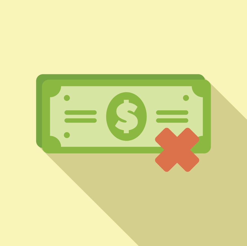 Green banknote with dollar sign being crossed out with big red cross representing debt and bankruptcy in minimalist style vector