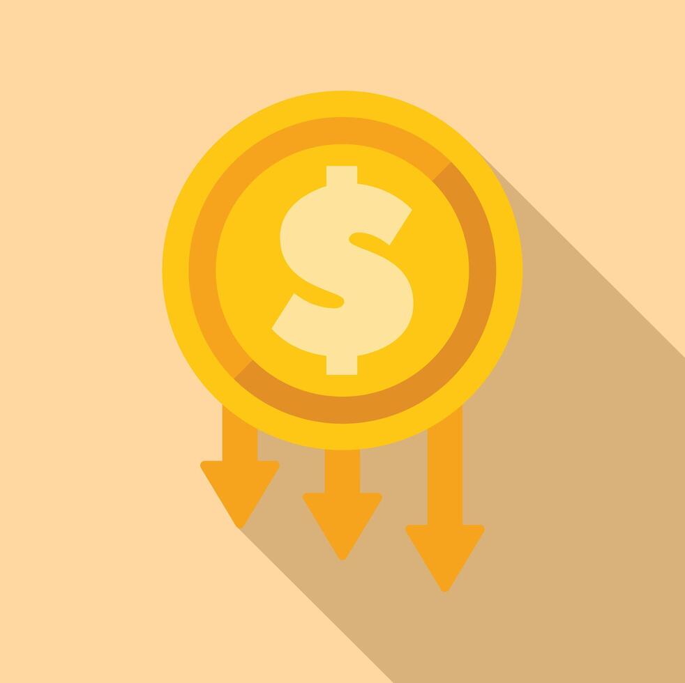 Dollar coin decreasing in value with three downward arrows vector