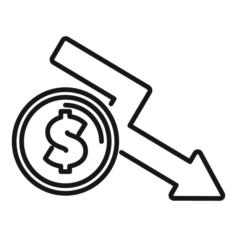 Dollar coin with arrow pointing down representing devaluation vector