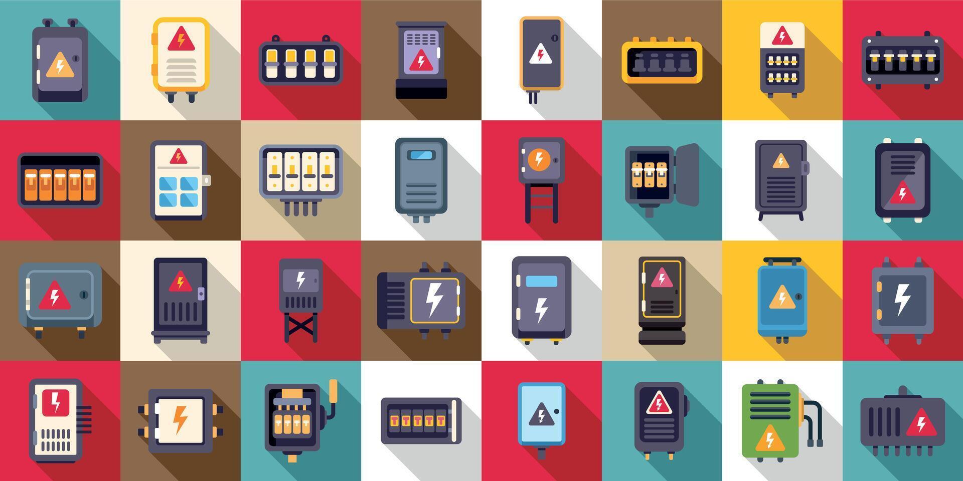 Electric switchboard icons set. Electric switchboard with wires providing power supply for buildings icons set flat vector