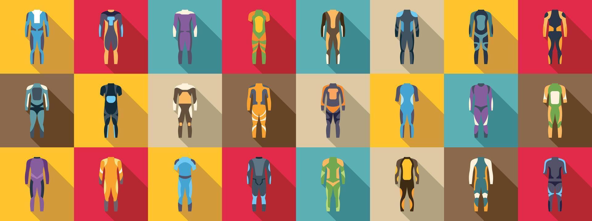 Wetsuit icons set. Large set of racing driver suit icons showing different designs and colors vector