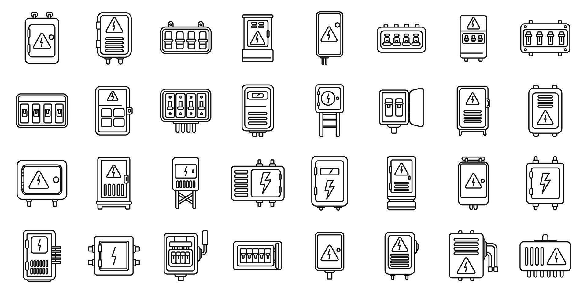 Electric switchboard icons set. Set of electrical cabinet icons showing different types and sizes of electrical panels with warning signs vector