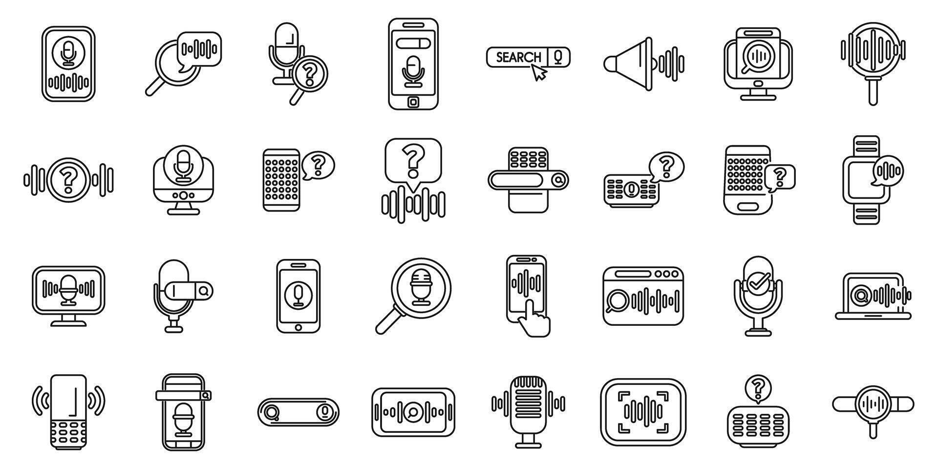 Voice search icons set. Set of linear icons representing voice recognition technology, voice control and voice assistants vector