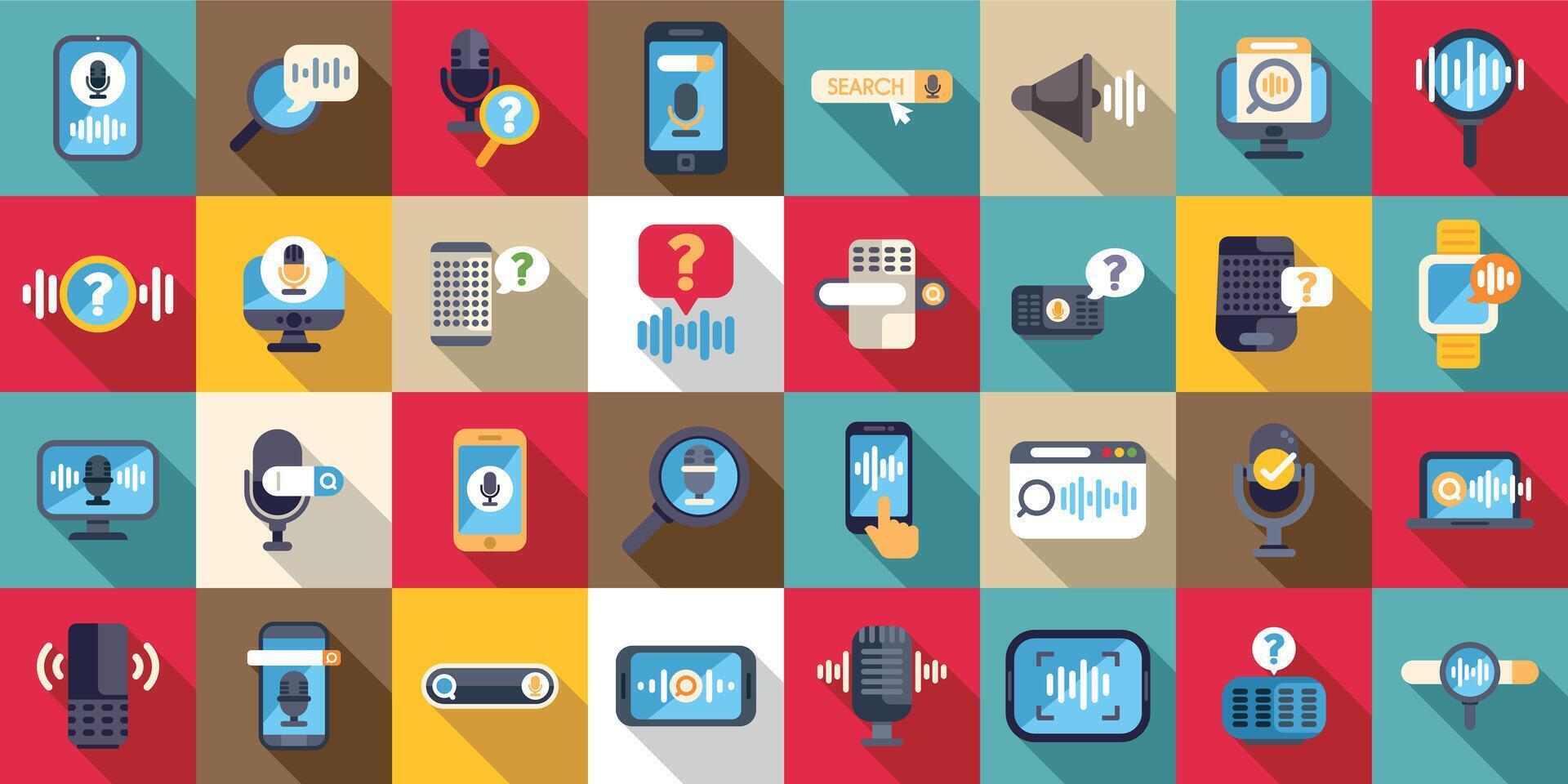 Voice search icons set. Voice control interface using sound recognition technology icons set vector