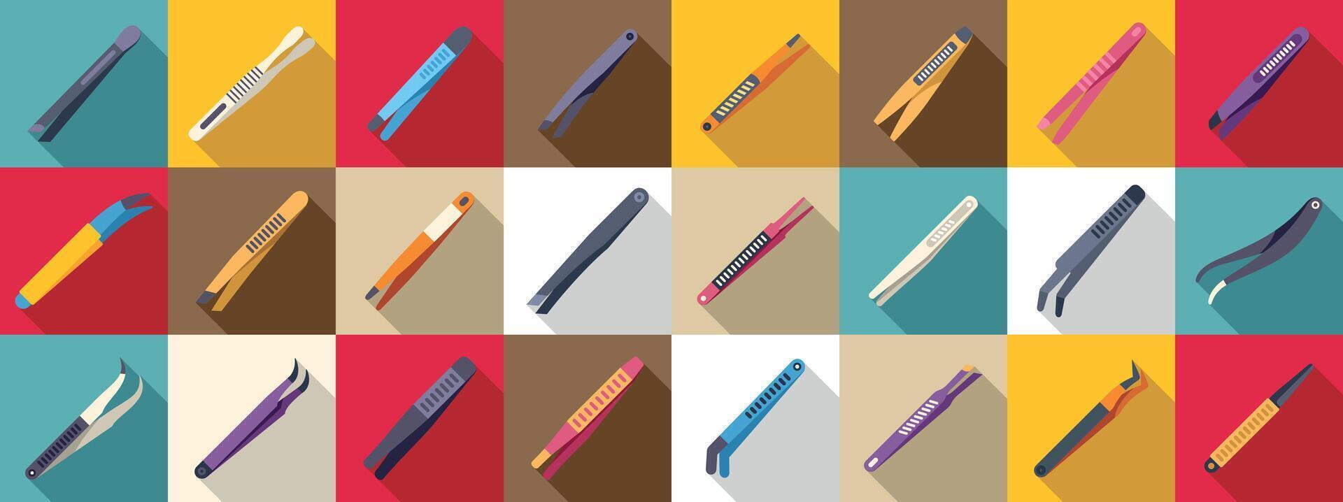 Tweezers icons set. Collection of tweezers icons showing different types of tweezers for various purposes vector