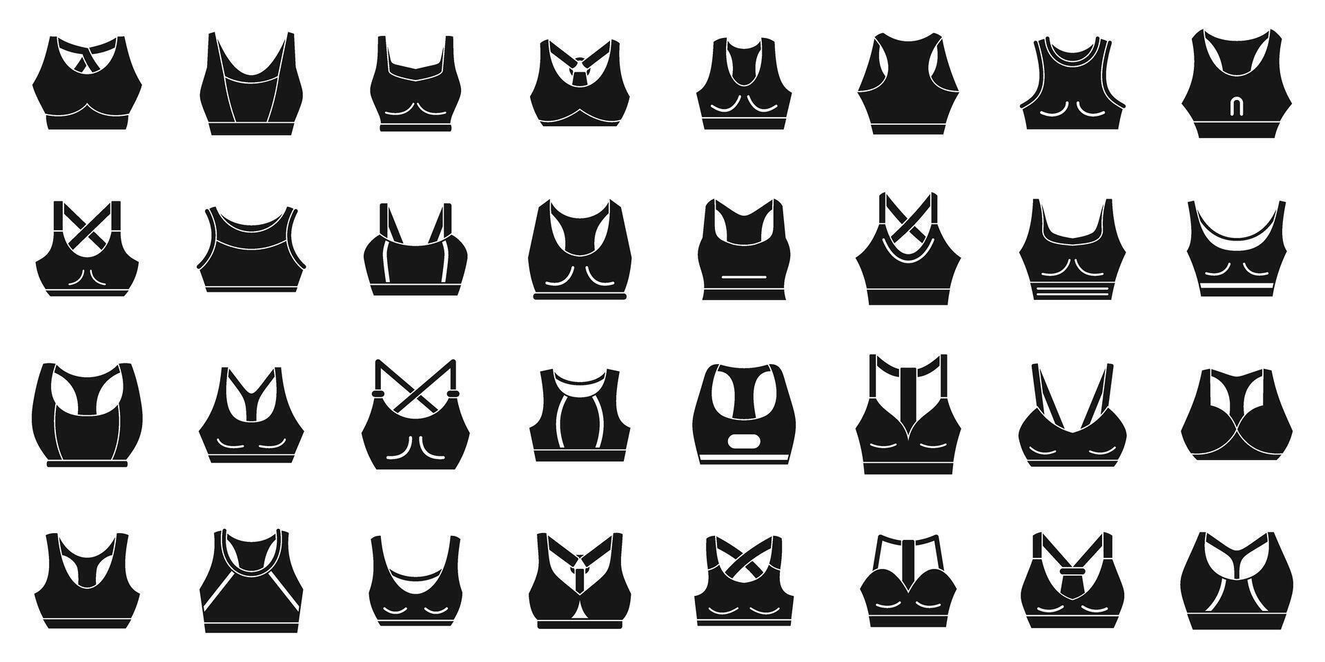 Sports Bra icons set. Set of different sport bras for women practicing yoga, fitness vector