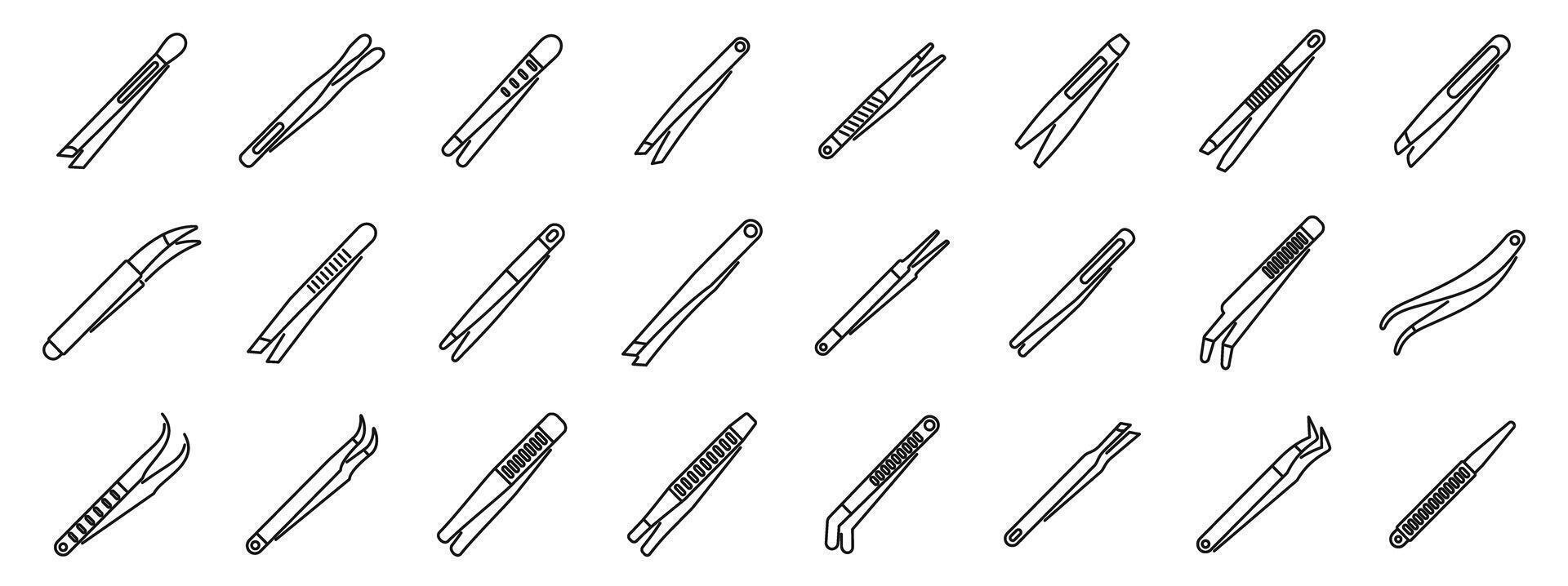Tweezers icons set. Set of tweezers icons showing different tweezers for eyebrows and eyelashes vector