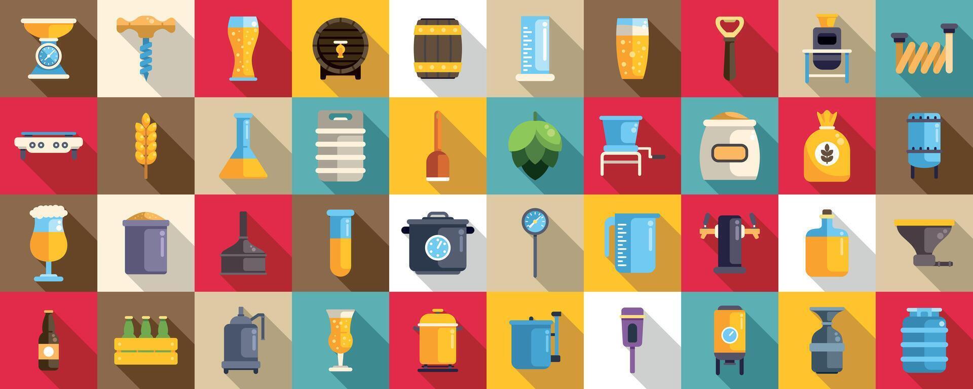 Home brewing icons set. Brewer making craft beer using traditional method icons set vector