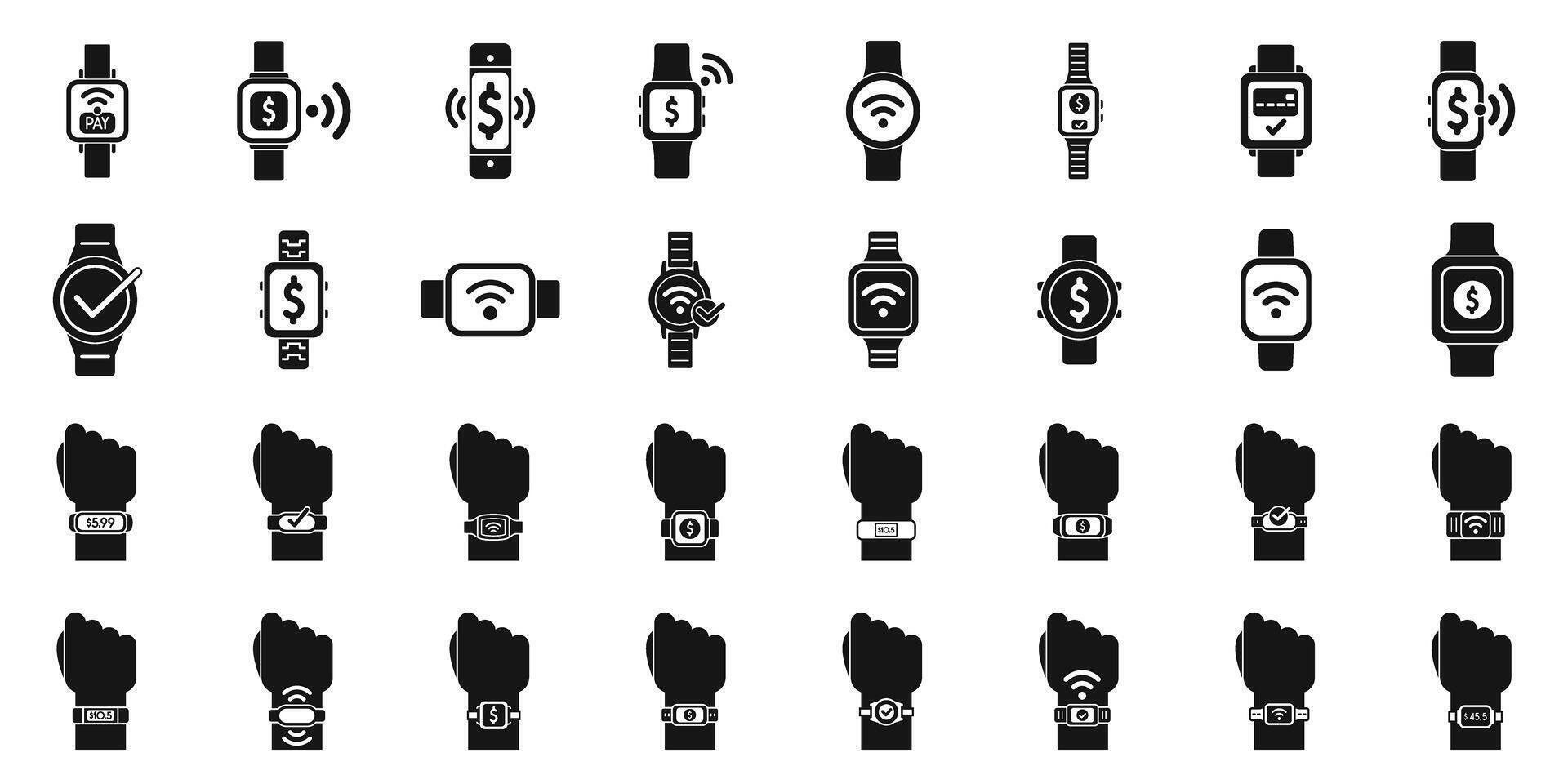 Payment with smart watches icons set. People using smart watches for nfc contactless payment icons set simple style vector