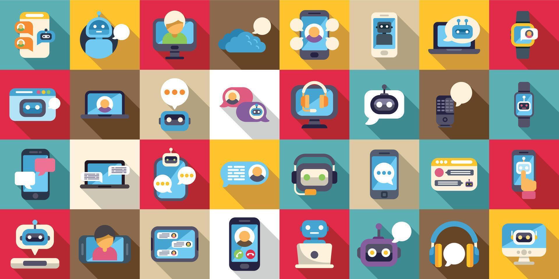 Virtual assistant services icons set. Chatbot icons set communicating with customers using mobile devices and computers vector
