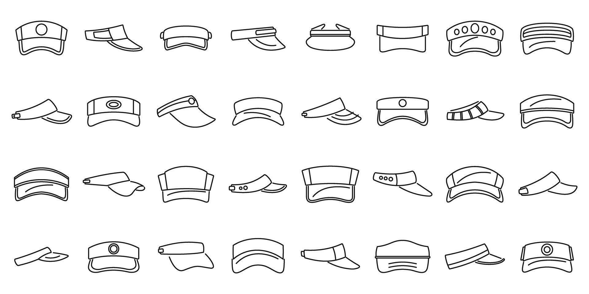 Visor cap icons set. Set of different visor cap silhouettes for tennis player or golfer vector