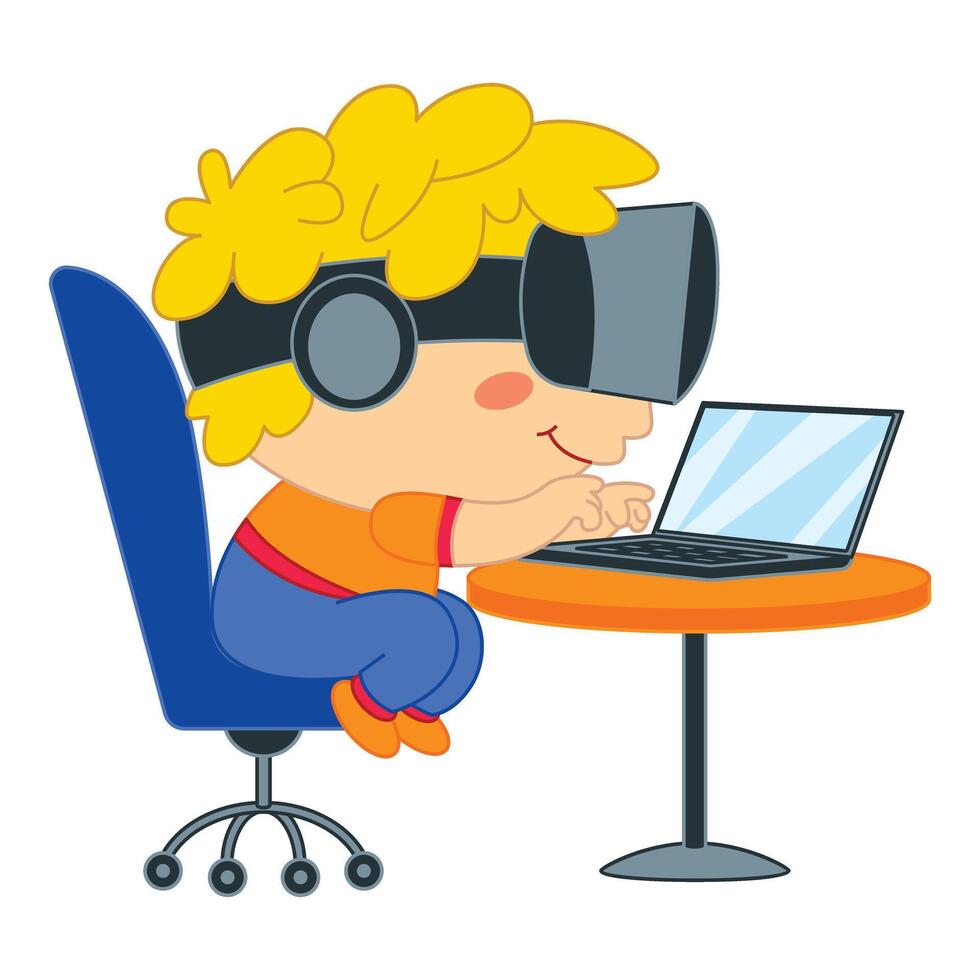 Young boy wearing vr headset and using laptop at desk vector