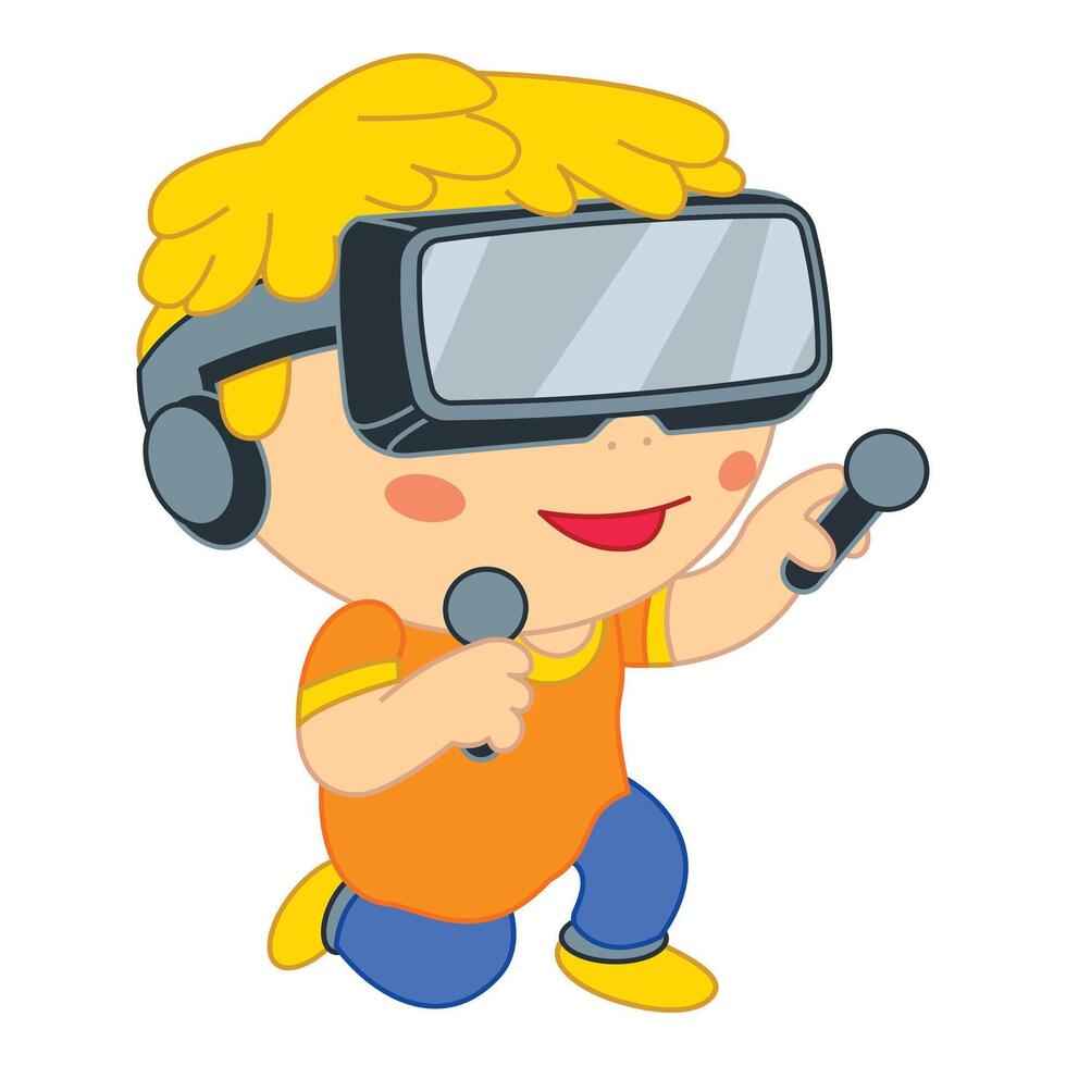 Child playing vr game using controllers vector