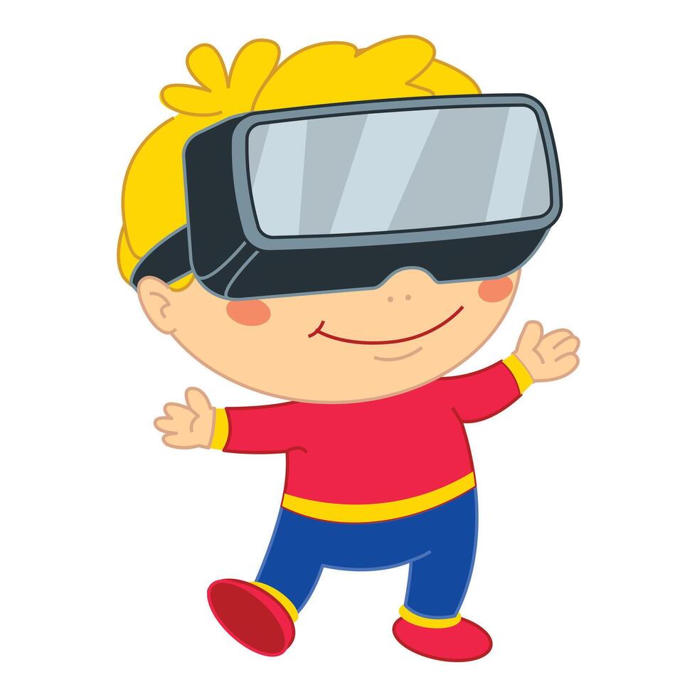 Smiling boy experiencing virtual reality using a vr headset vector