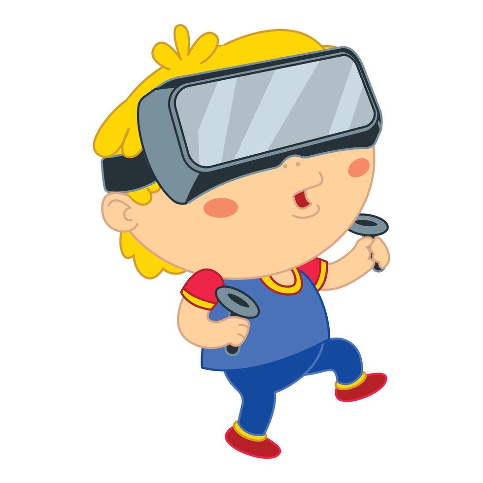 Young kid wearing virtual reality headset playing with controllers vector