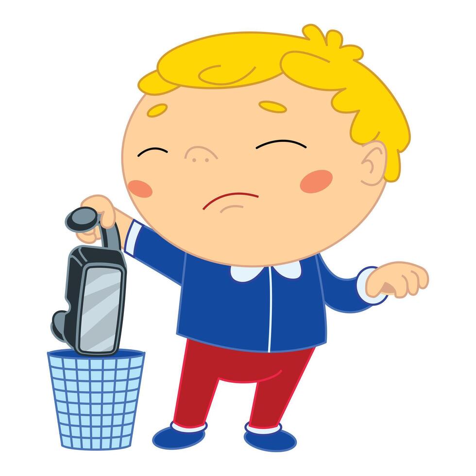 Sad child throwing away broken mobile phone in trash can illustration vector
