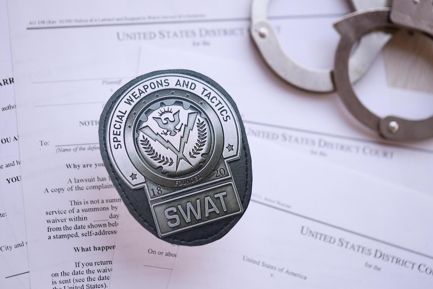 KYIV, UKRAINE - MARCH 9, 2024 US SWAT badge with handcuffs on many US District Court warrants and complaints photo