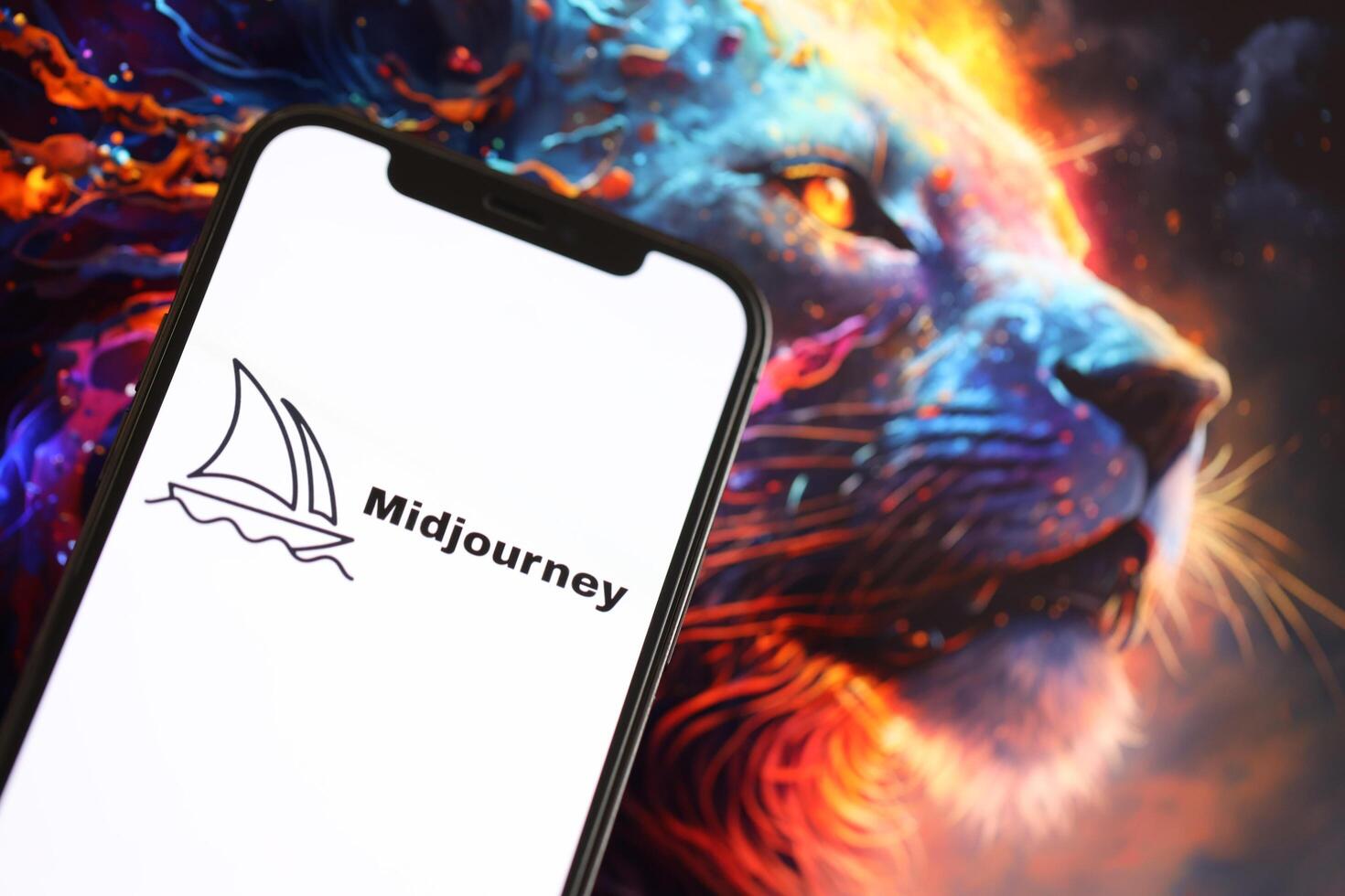KYIV, UKRAINE - MARCH 17, 2024 Midjourney logo on iPhone display screen with background of artificial intelligence futuristic image photo