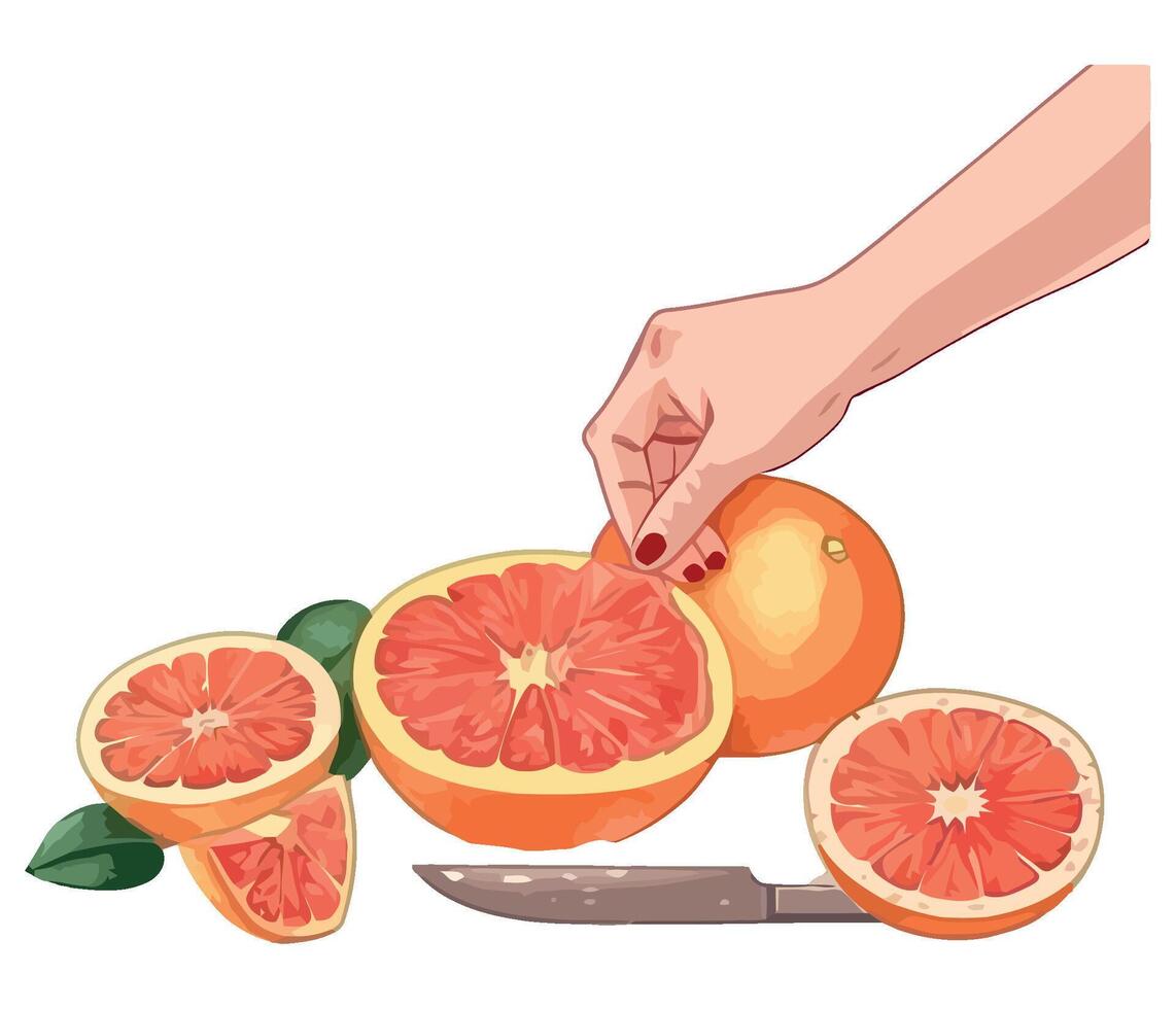 Hand holding juicy grapefruit slice, fresh and healthy isolated vector