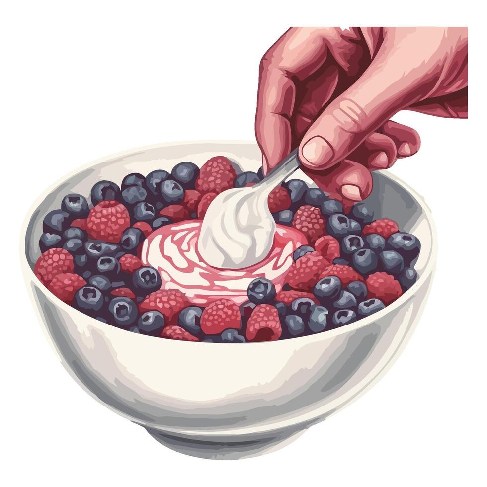 Hand holding bowl of fresh berry yogurt icon isolated vector