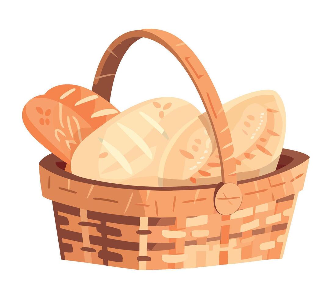 Fresh baked bread in wicker basket icon isolated vector