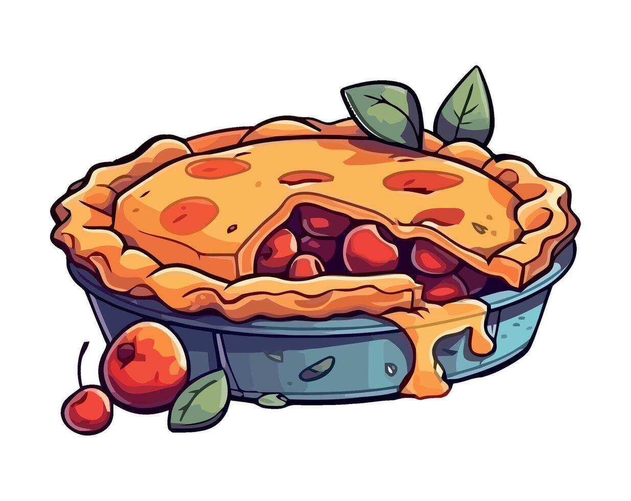 Freshly baked sweet pie with strawberry sauce icon isolated vector
