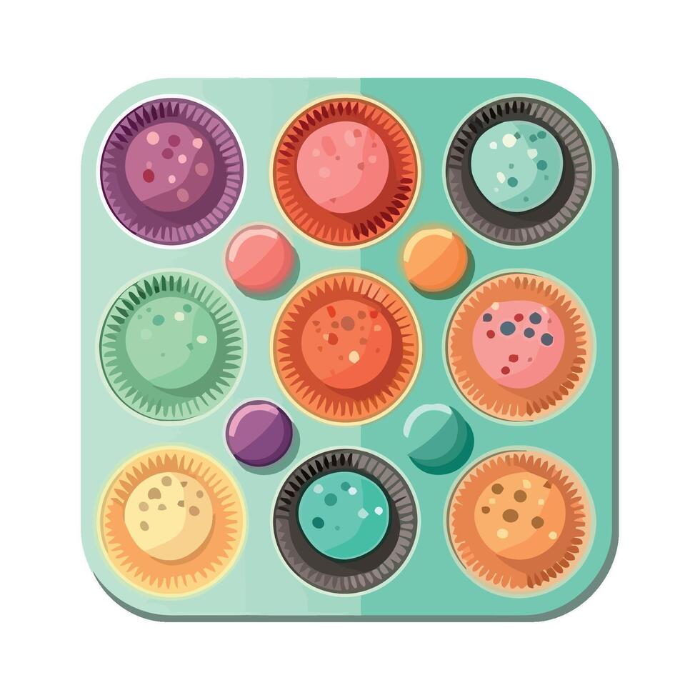 Gourmet sweet dessert cupakes in tray icon isolated vector