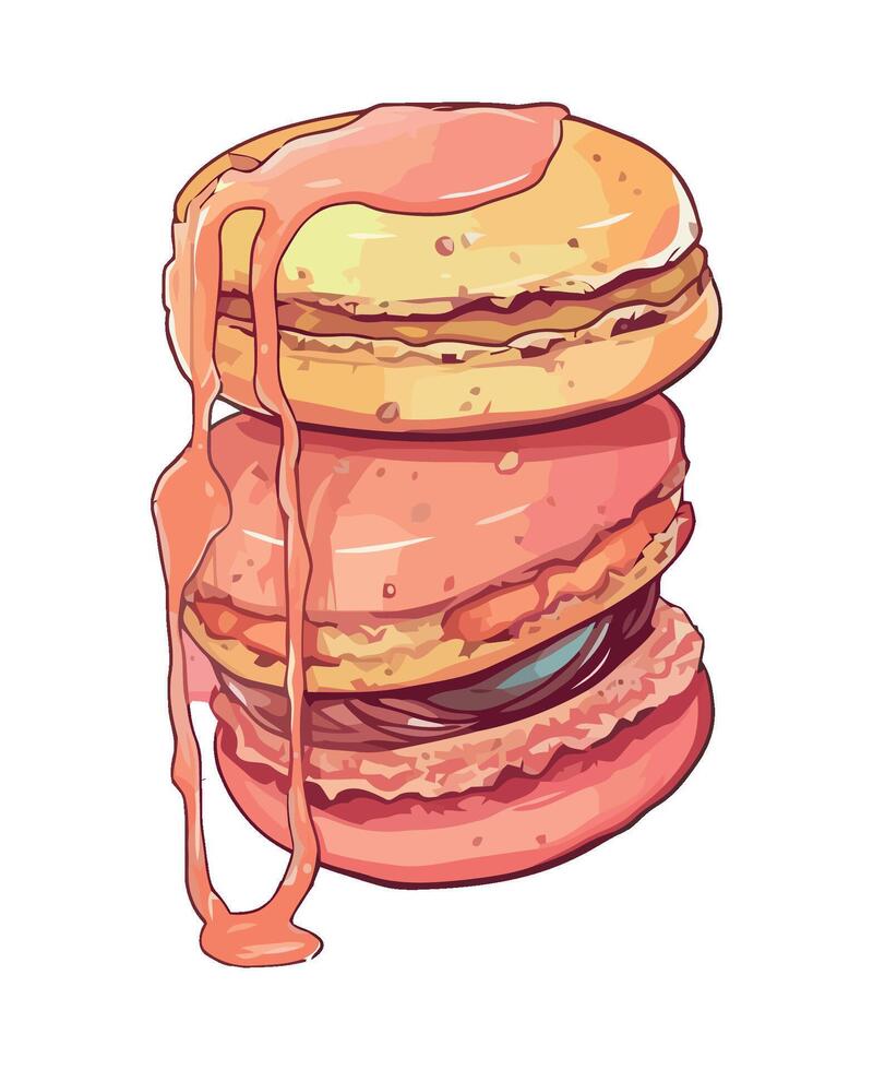Stack of macaroons with cream and strawberry icon isolated vector