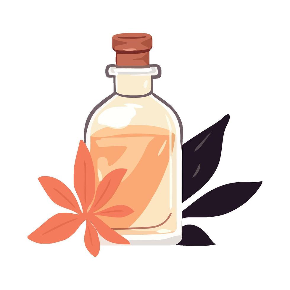 Organic aromatherapy oil in glass bottle, relaxation therapy icon vector