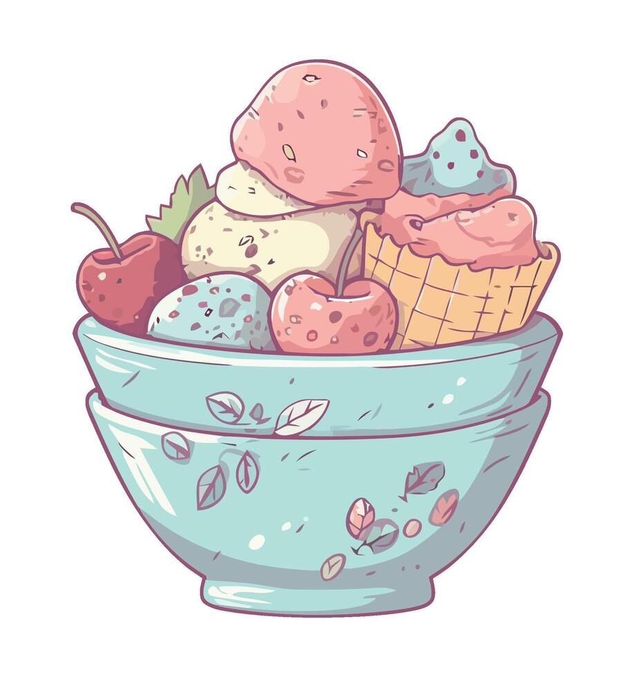bowl with ice cream and fruits snacks icon isolated vector