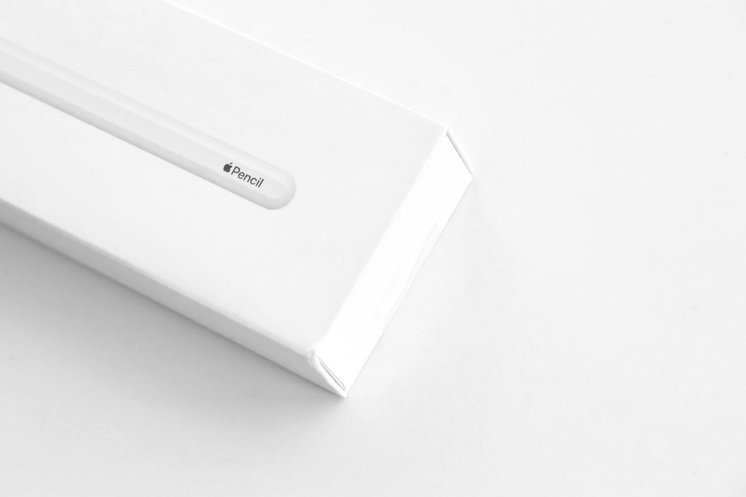 KYIV, UKRAINE - 4 MAY, 2023 New Apple pencil generation 2. Features a flat edge that attaches magnetically for automatic charging and pairing photo