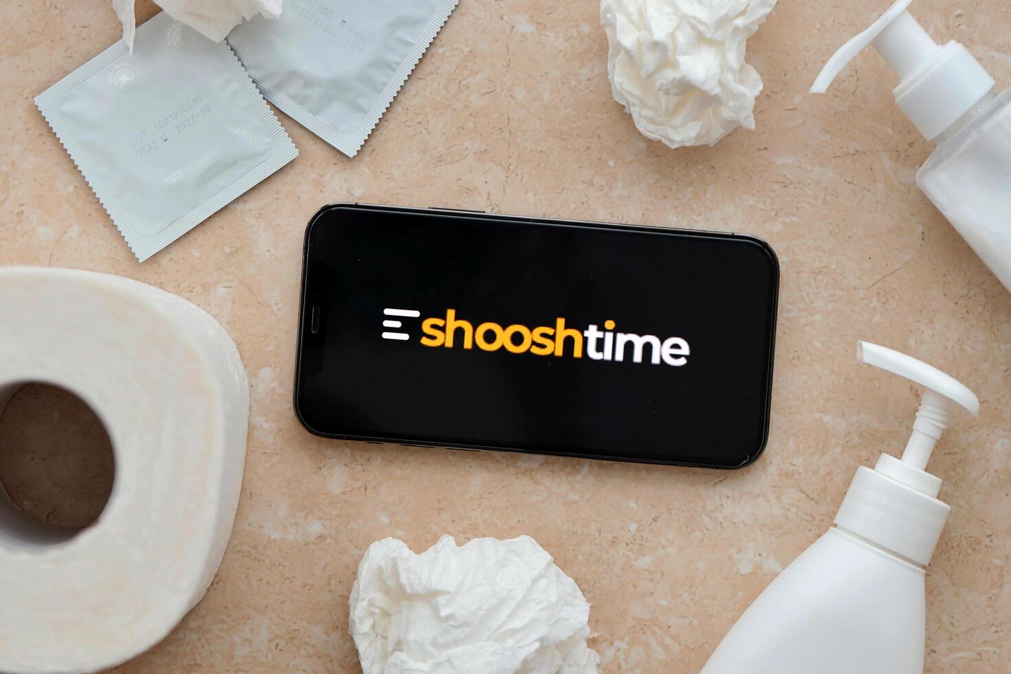 KYIV, UKRAINE - JANUARY 23, 2024 ShooshTime adult content website logo on display of iPhone 12 Pro photo