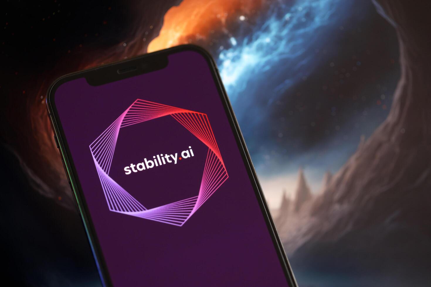 KYIV, UKRAINE - MARCH 17, 2024 StabilityAI logo on iPhone display screen with background of artificial intelligence futuristic image photo