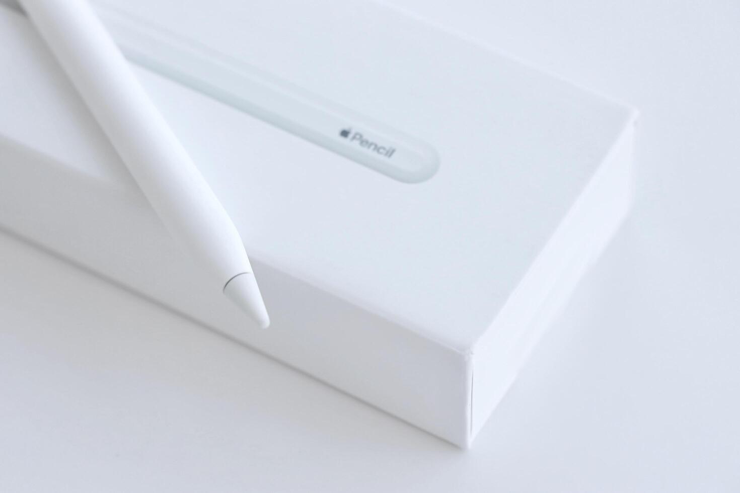 KYIV, UKRAINE - 4 MAY, 2023 New Apple pencil generation 2. Features a flat edge that attaches magnetically for automatic charging and pairing photo