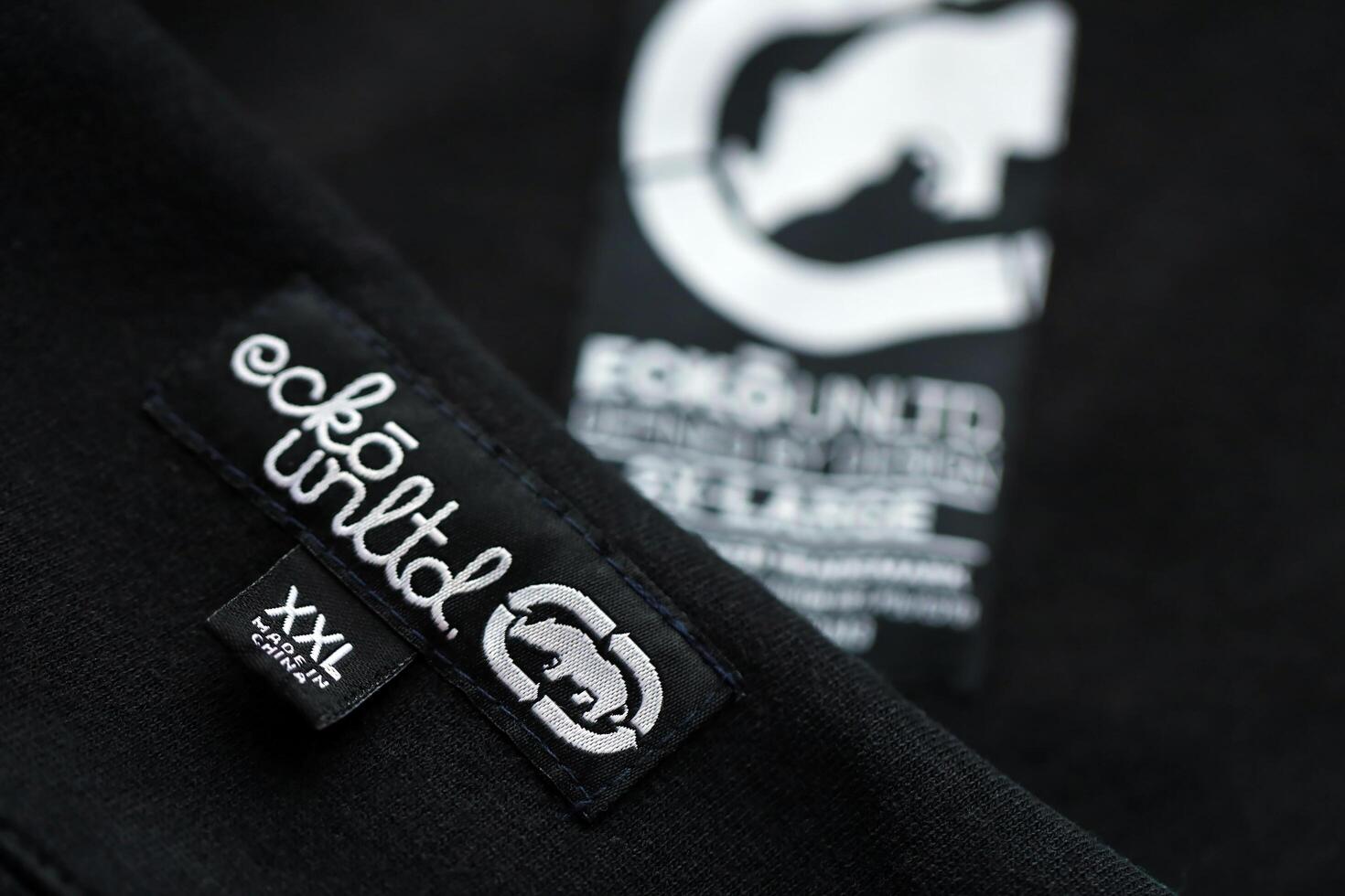 KYIV, UKRAINE - 4 MAY, 2023 Ecko Unltd company logo on new brand clothes photo