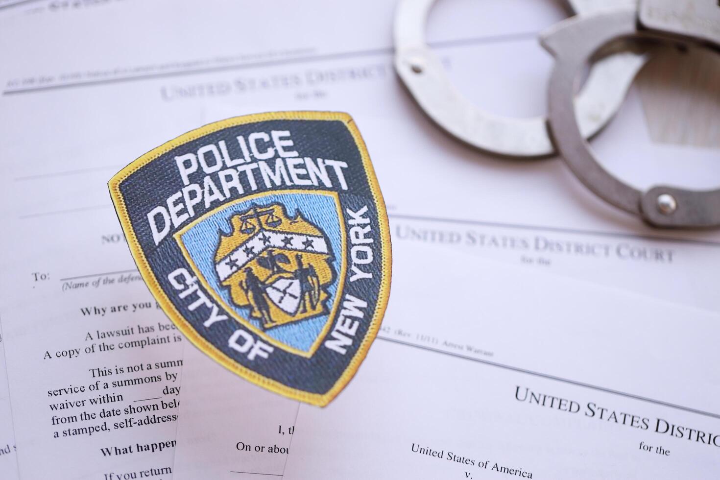 KYIV, UKRAINE - MARCH 9, 2024 US NYPD Police patch with handcuffs on many US District Court warrants and complaints photo