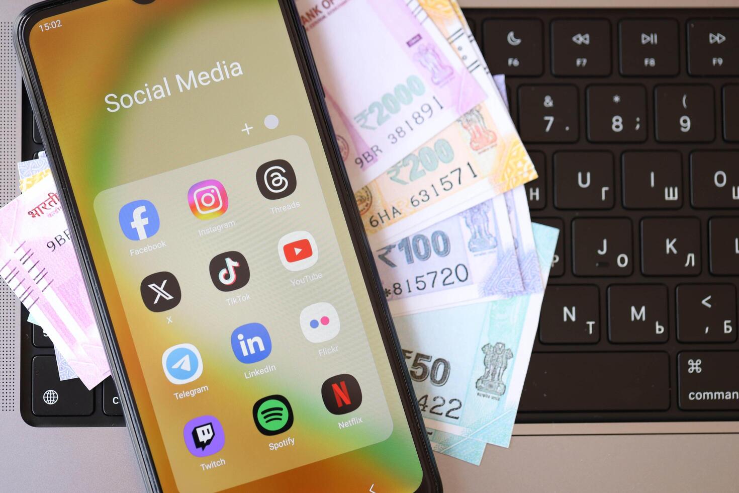 KYIV, UKRAINE - FEBRUARY 28, 2024 Social Media icons group on Galaxy A04s smartphone display photo